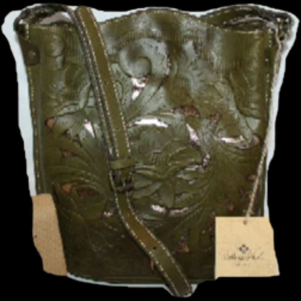 Patricia Nash Lavello Cut Out Tooled Leather Crossbody Bucket Bag Olive & Gold